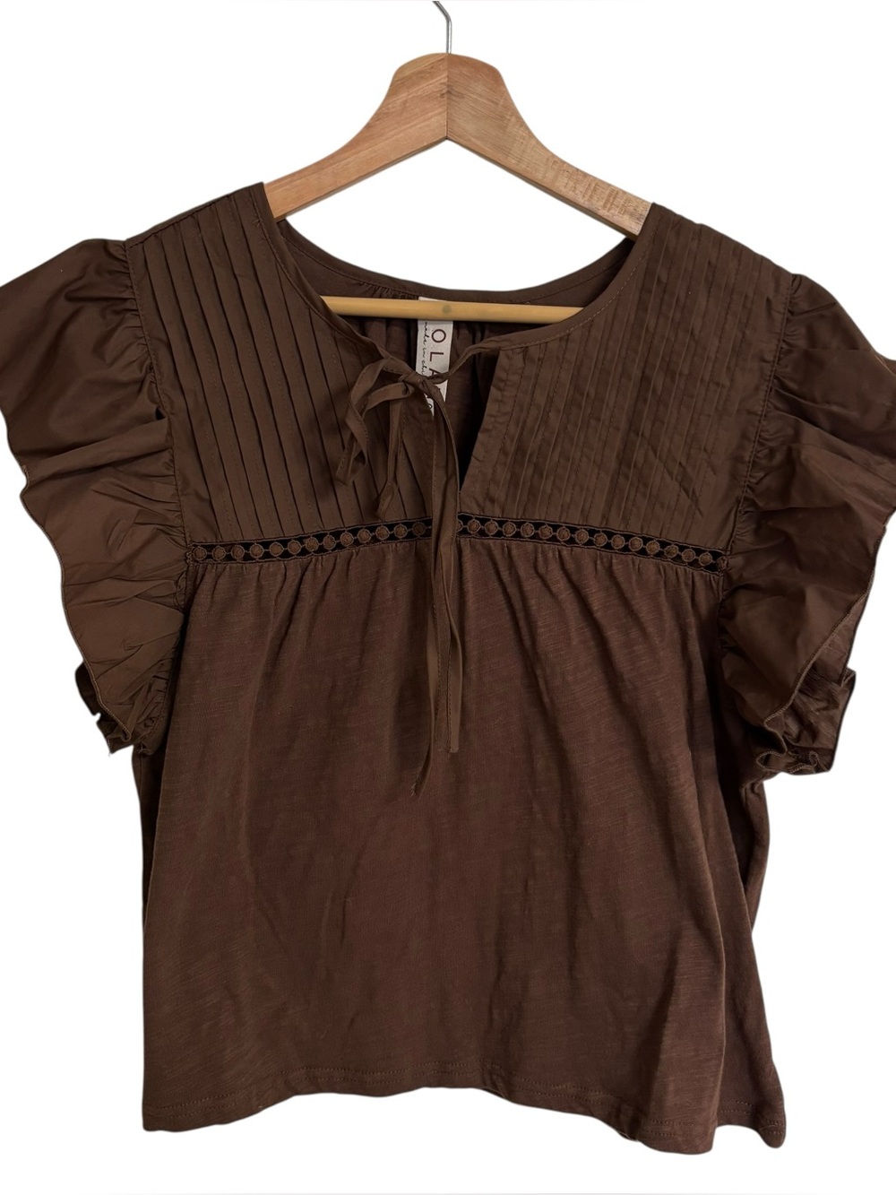 Dolan Anthropologie chocolate mocha brown ruffle sleeve tie up peasant Top S